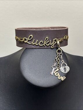 Brown Leather 'Lucky' Charm Bracelet Rhinestone Dangle Charms